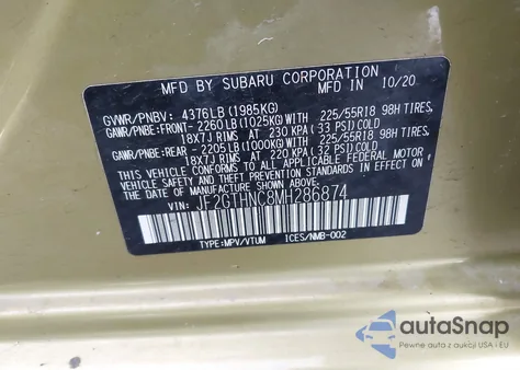 2021 Subaru Crosstrek Limited z USA, uszkodzony, nr VIN JF2GTHNC8MH286874